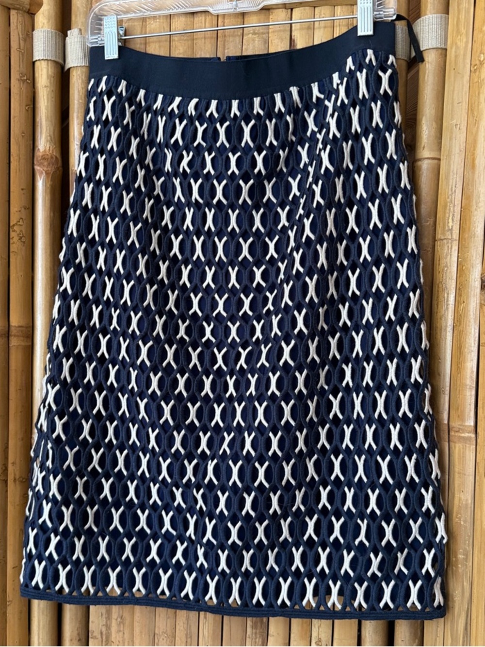 Tory Burch Navy and White Textured Knit Midi Skirt with Lattice Pattern Size 10